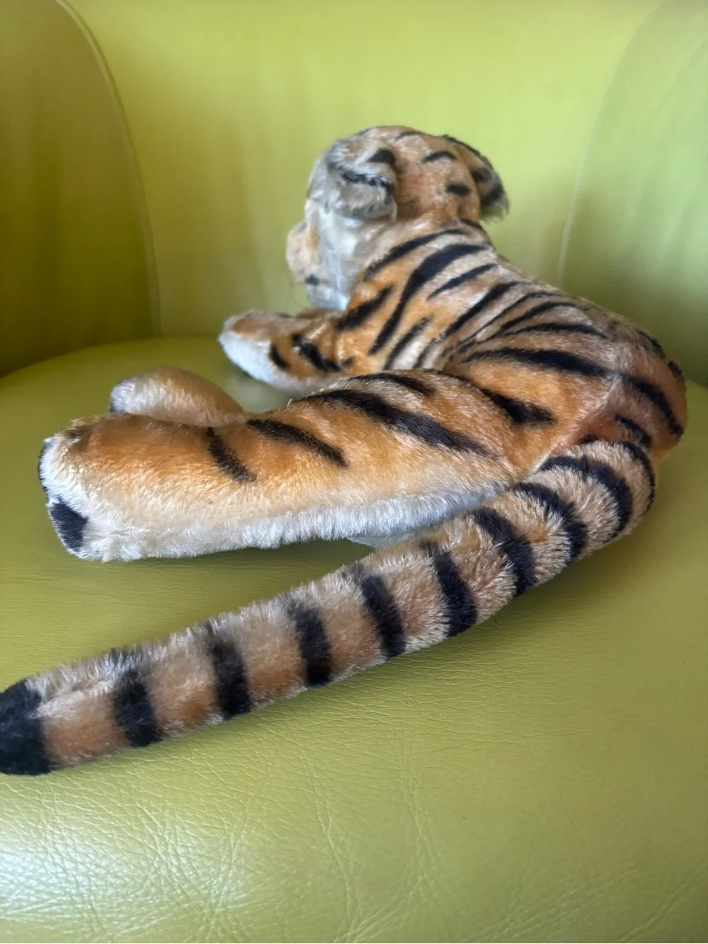Steiff Vintage Mohair Tiger Stuffed Animal Plush Green Eyes Laying Tiger